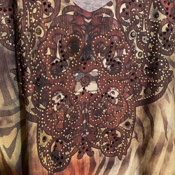 Avenida Azul Sublimation Top Brown Neutral Beads Flutter Sleeve Size 1X EUC - Picture 3 of 8